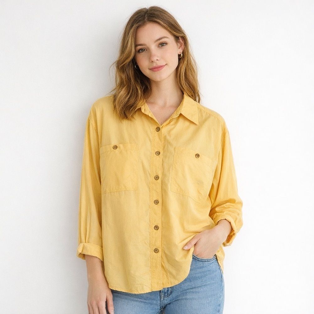 CLIO 100% Silk Button Down Blouse Mustard Yellow Size Small Vintage Minimalist